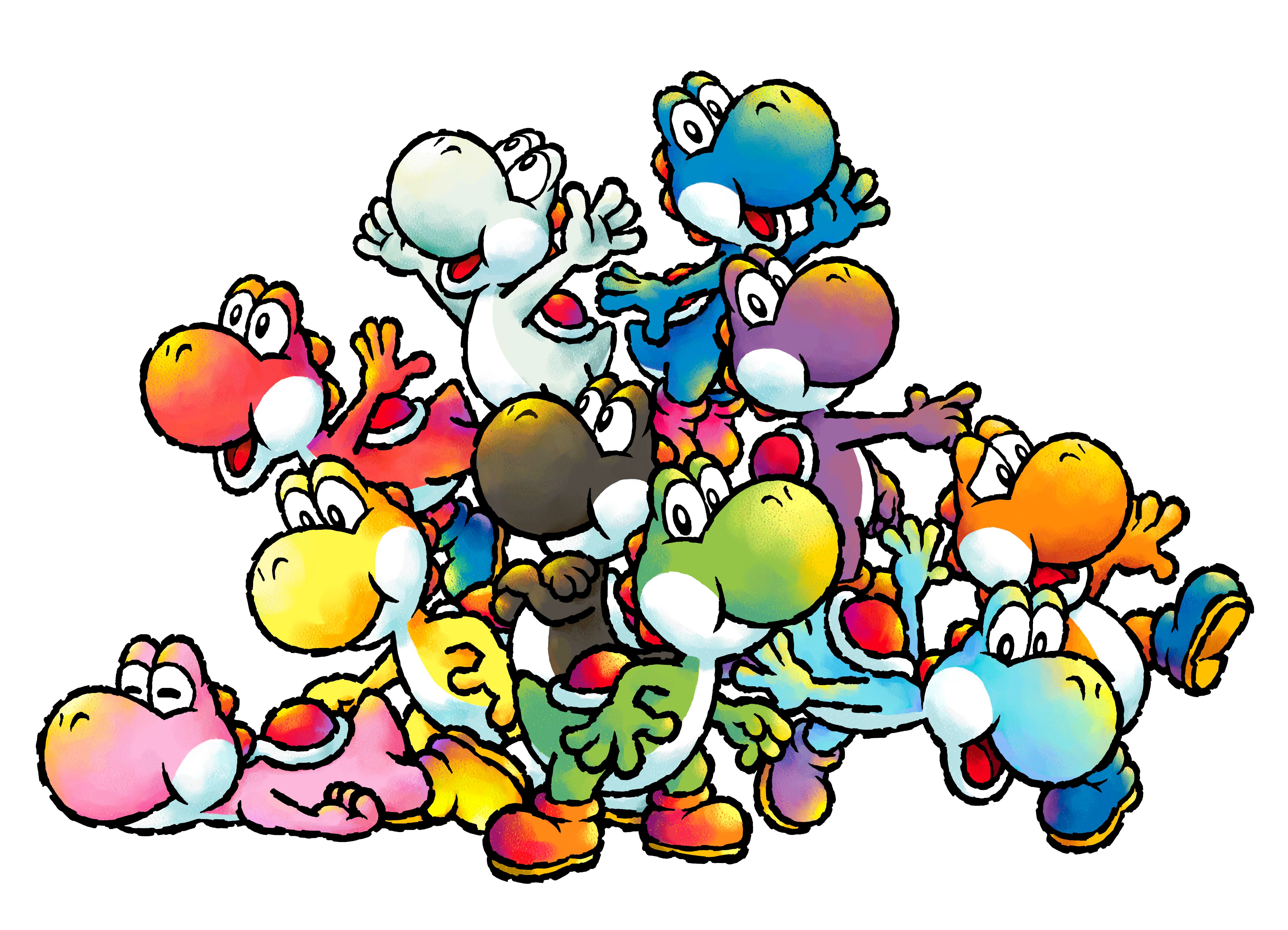 A gaggle of cartoon Yoshis of different colors