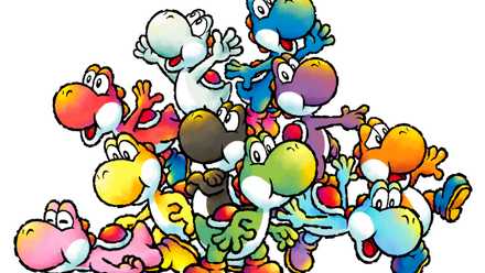 A gaggle of cartoon Yoshis of different colors