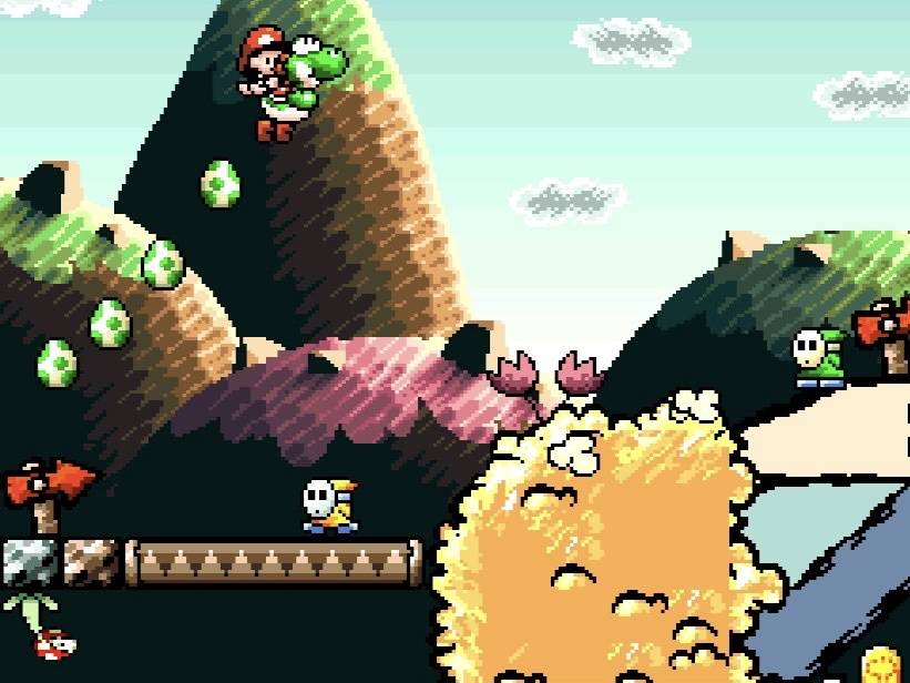 Yoshi leaps into the air in front of scribbled hills, followed by a trail of eggs