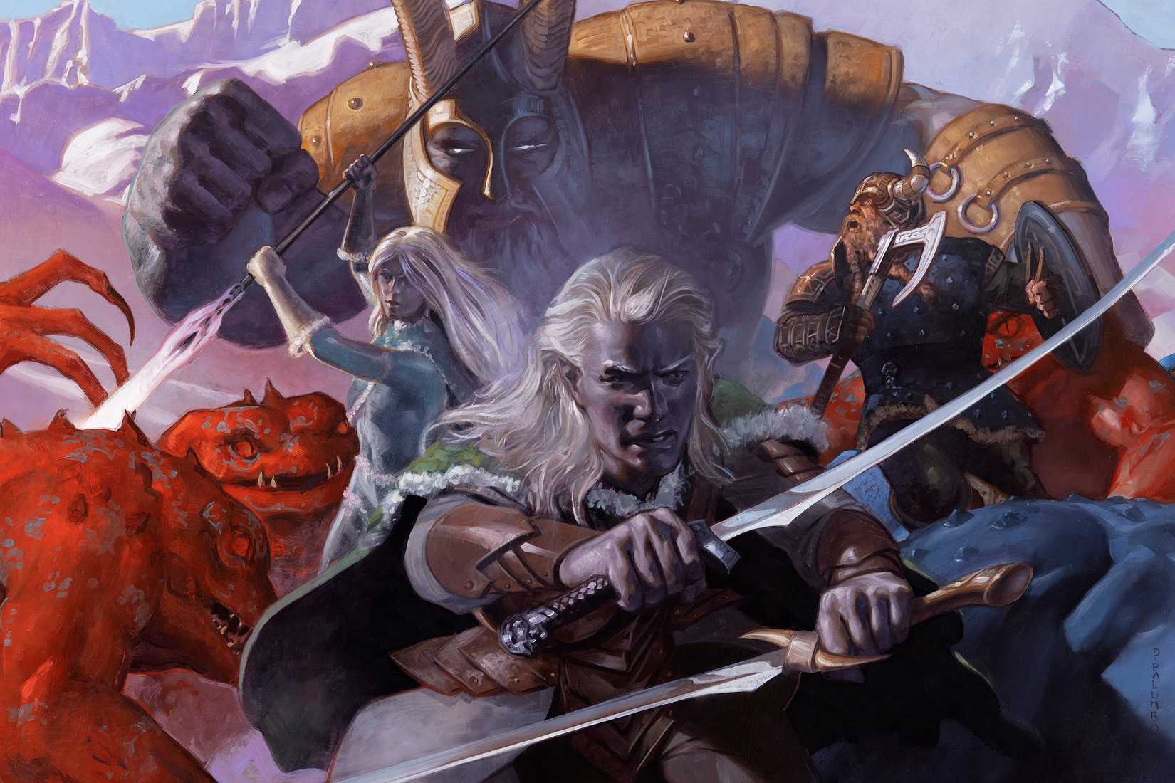 Drizzt Do'urden e suas famosas espadas gêmeas batalham com os escravos vermelhos na arte da capa da Glacier's Edge.