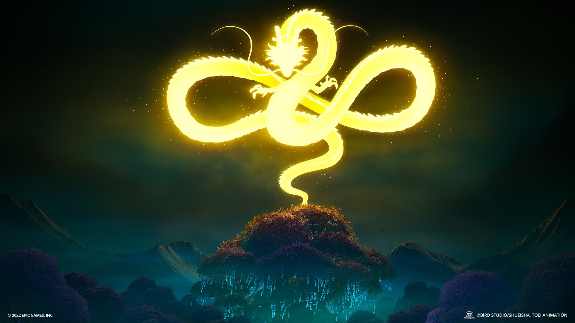 Shenron from Dragon Ball floats above the Reality Tree in Fortnite