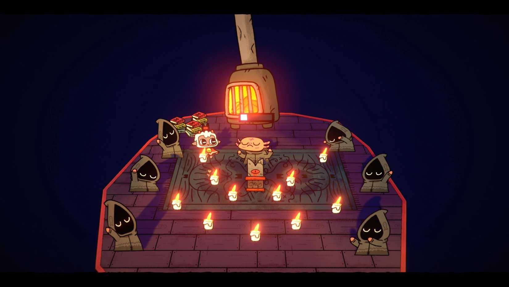 A group of cultists in Cult of the Lamb’s Pilgrim’s Passage lighthouse