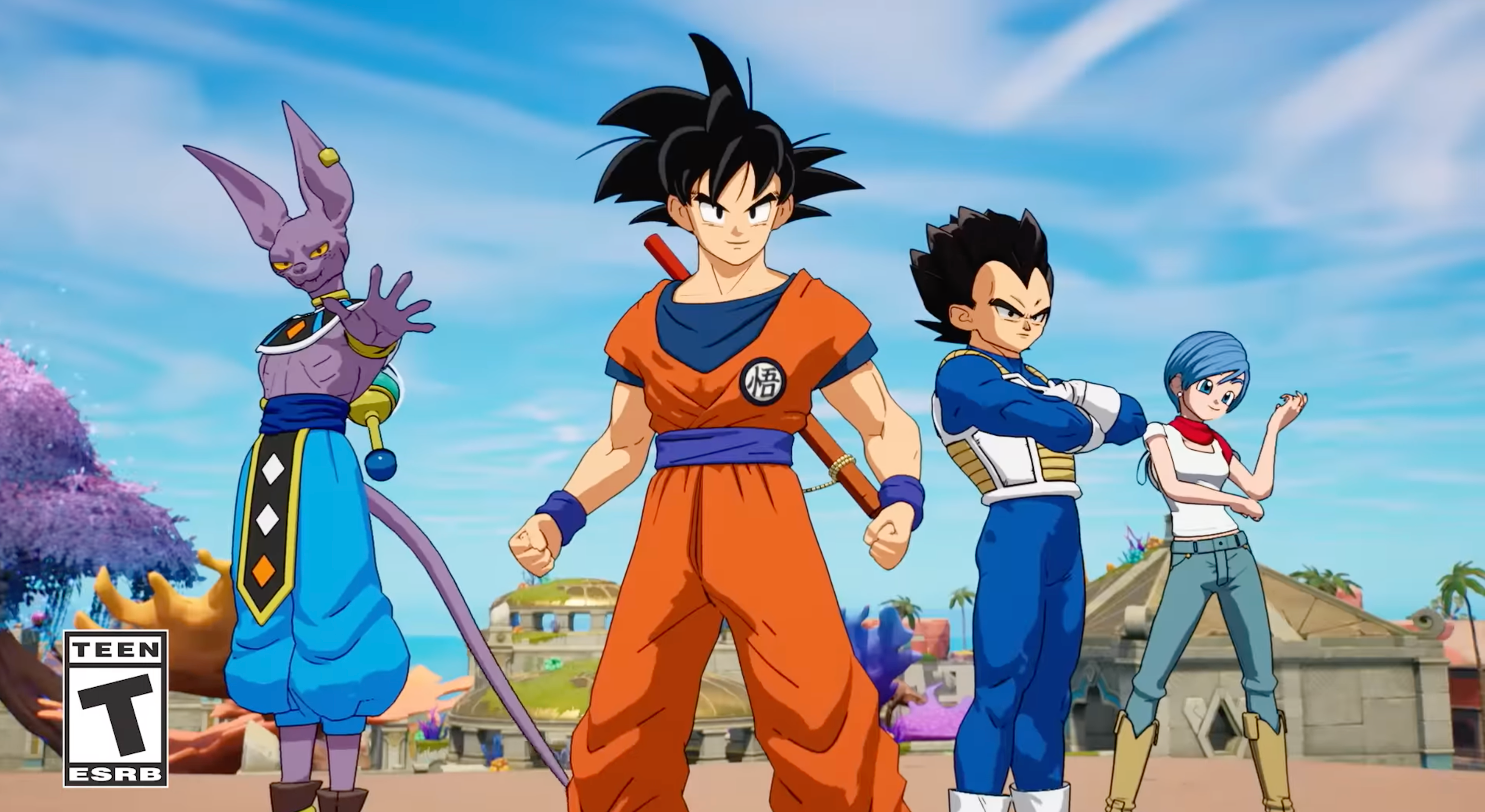 an image of Son Goku, Vegeta, Bulma, and Beerus in Fortnite. they’re standing in line and staring at the camera. 