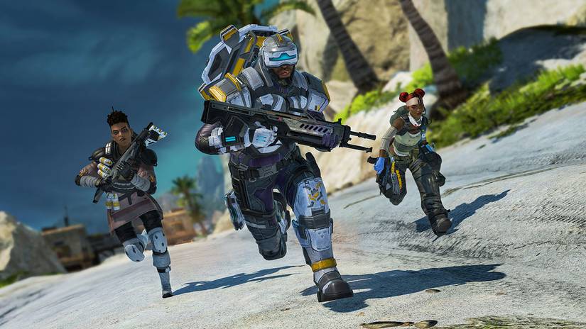 Bangalore, Newcastle, and Lifeline sprinting in Apex Legends