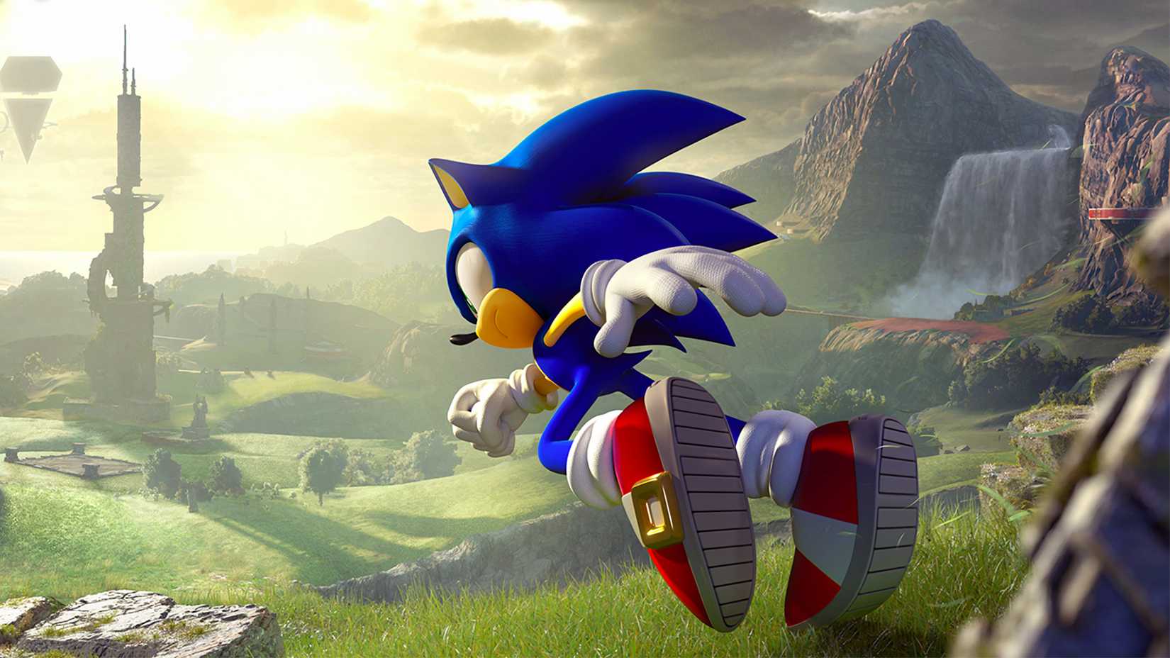 Sonic the Hedgehog runs toward the horizon of Starfall Islands in artwork from Sonic Frontiers.