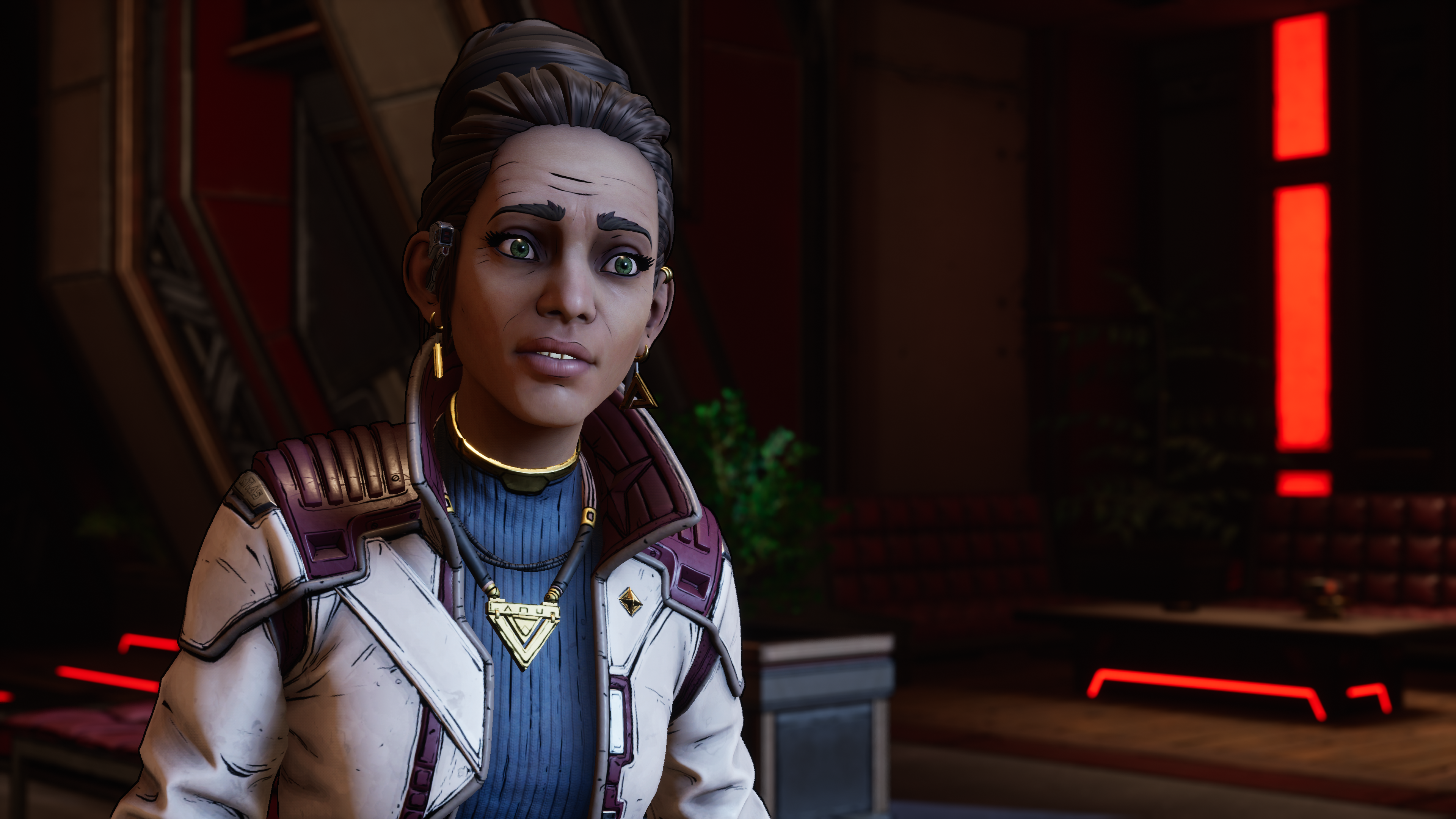 a new tales from the borderlands character looking at the screen in a dark room
