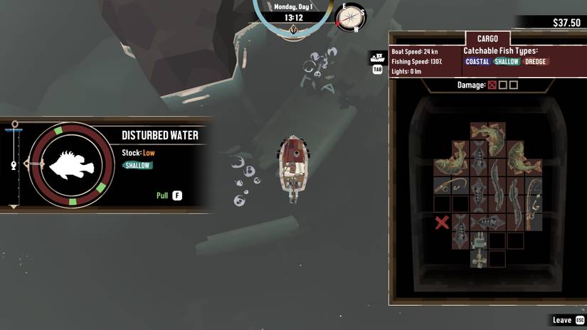 A top-down image of a fishing boat, with a fishing minigame interface on the left and a cargo inventory grid on the right, from Dredge
