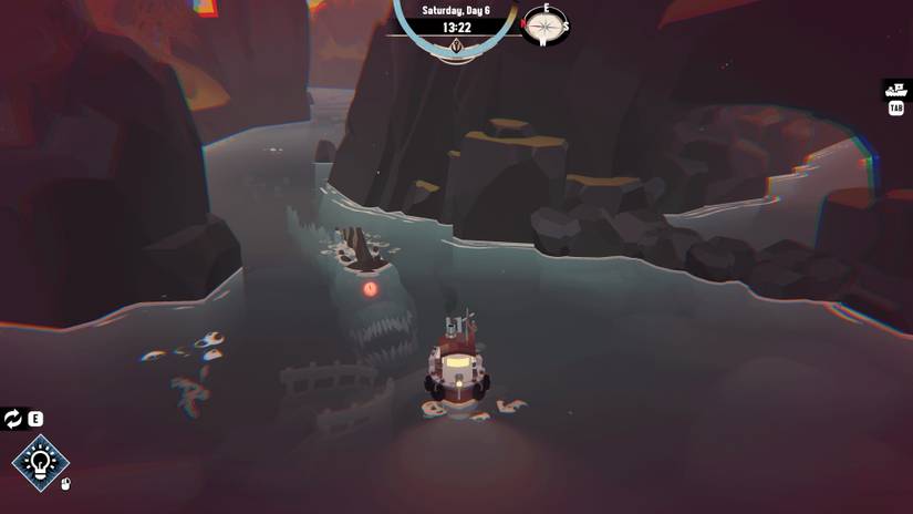 A fishing boat sails away from a giant, one-eyed fish monster at nighttime in a screenshot from Dredge