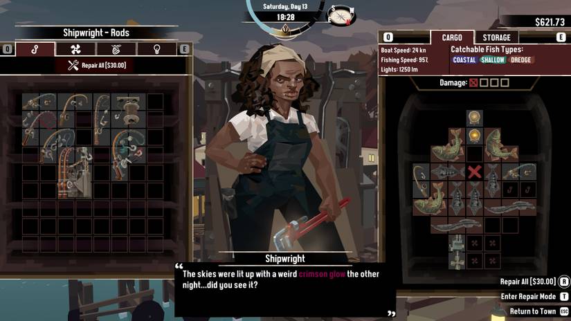 An interface screen from Dredge, in which a shipwright speaks to the player, with inventory interfaces for items on the lift and a cargo of fish on the right.