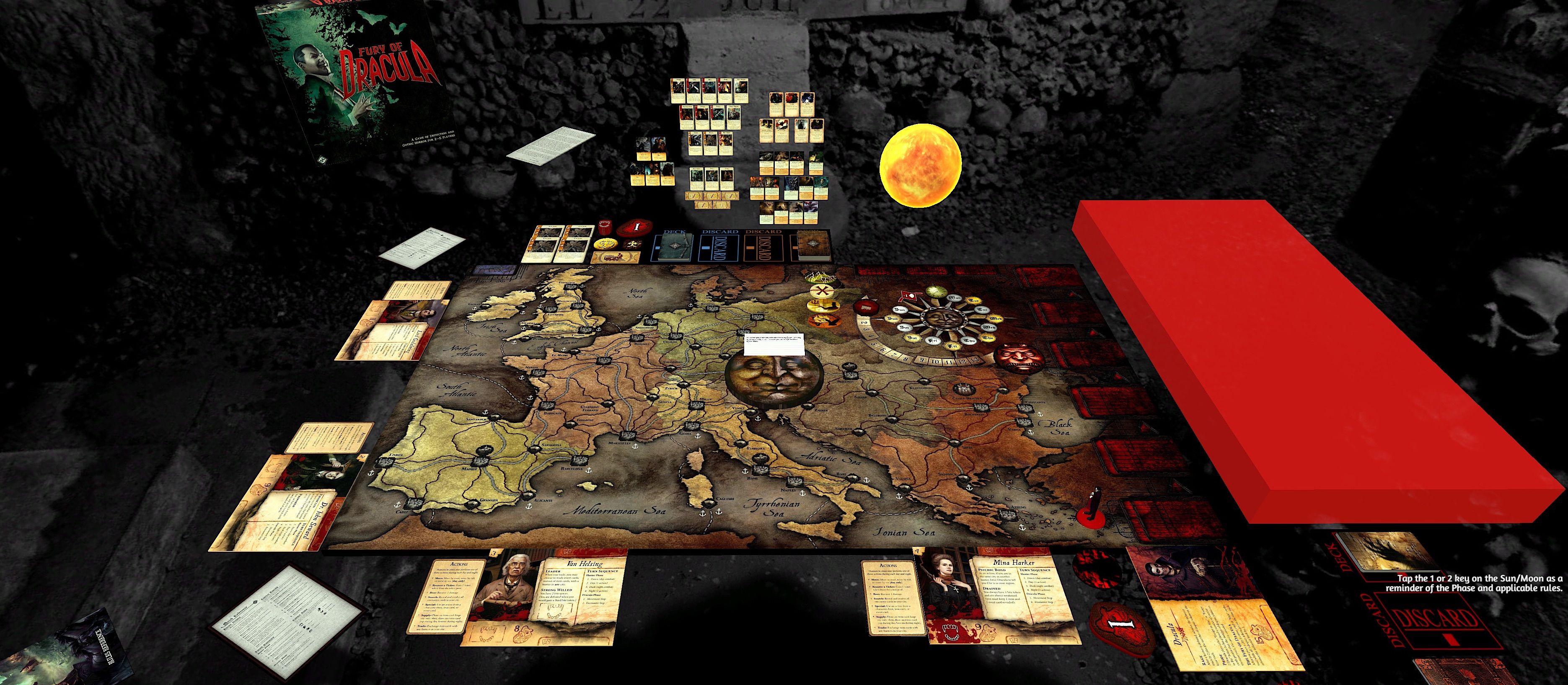 A simulated tabletop board game sits players around a table in a dungeon