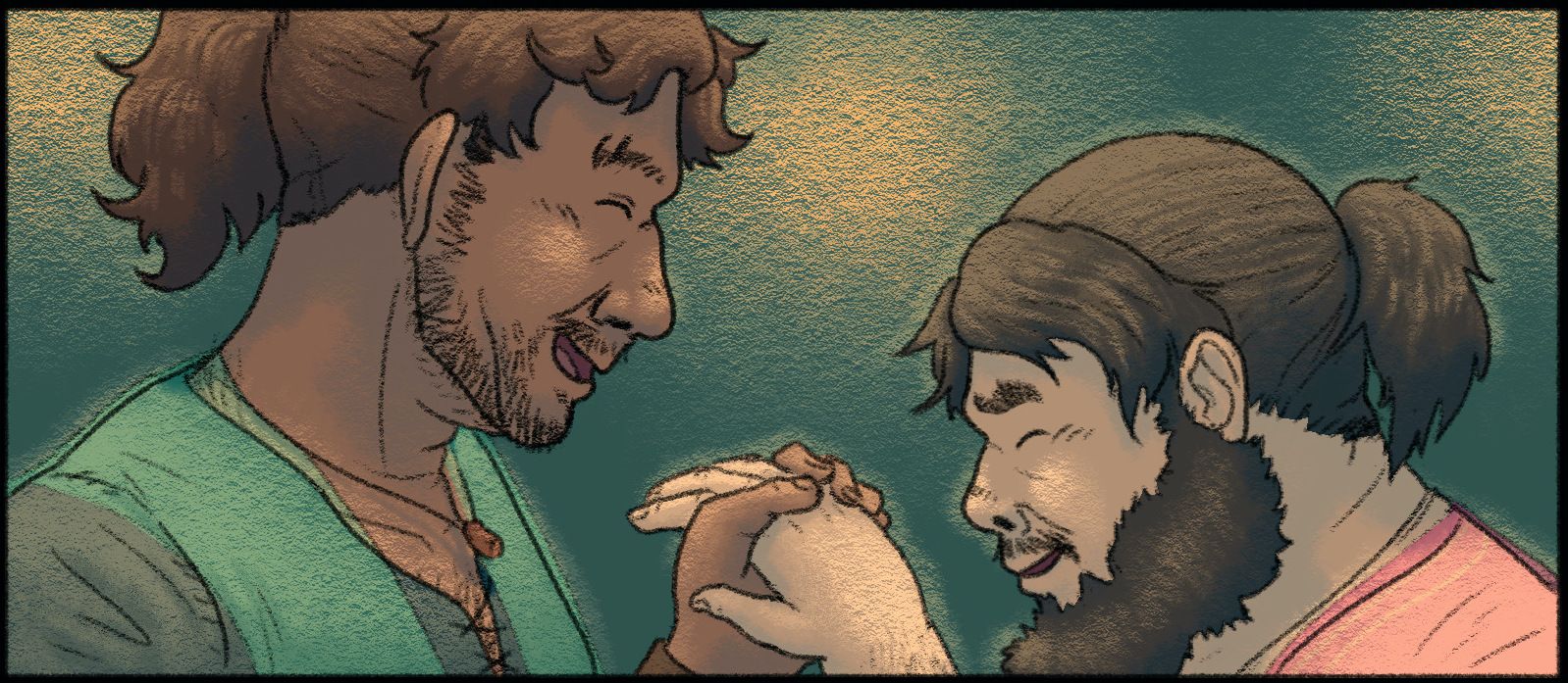A panel detail from Hien Pham’s It Will Be Hard, with two chubby, bearded men holding hands and laughing together as they attempt to dance