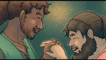 A panel detail from Hien Pham’s It Will Be Hard, with two chubby, bearded men holding hands and laughing together as they attempt to dance