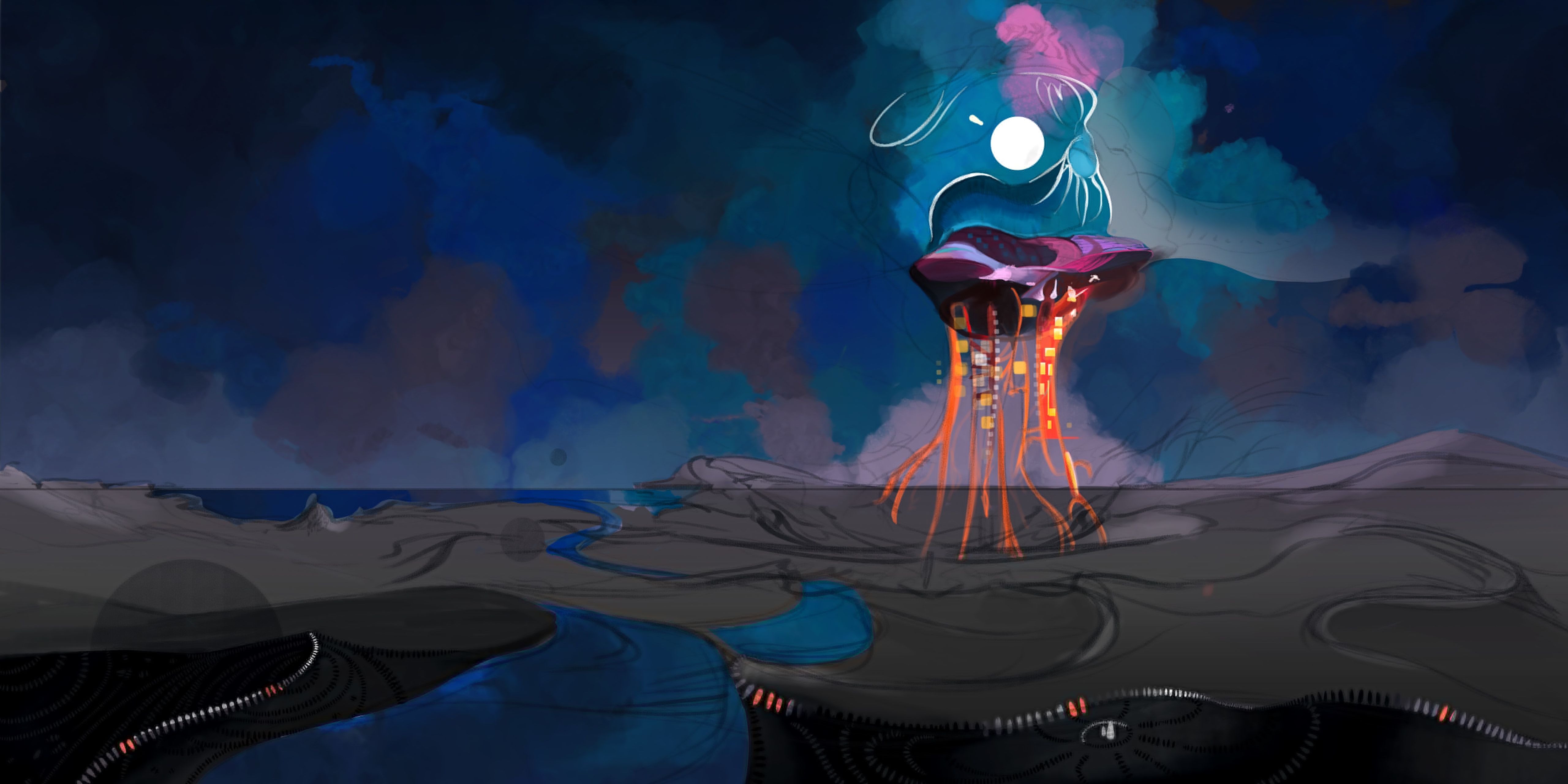 a futuristic-looking creature that looks somewhat like a jellyfish moves over empty land by the ocean