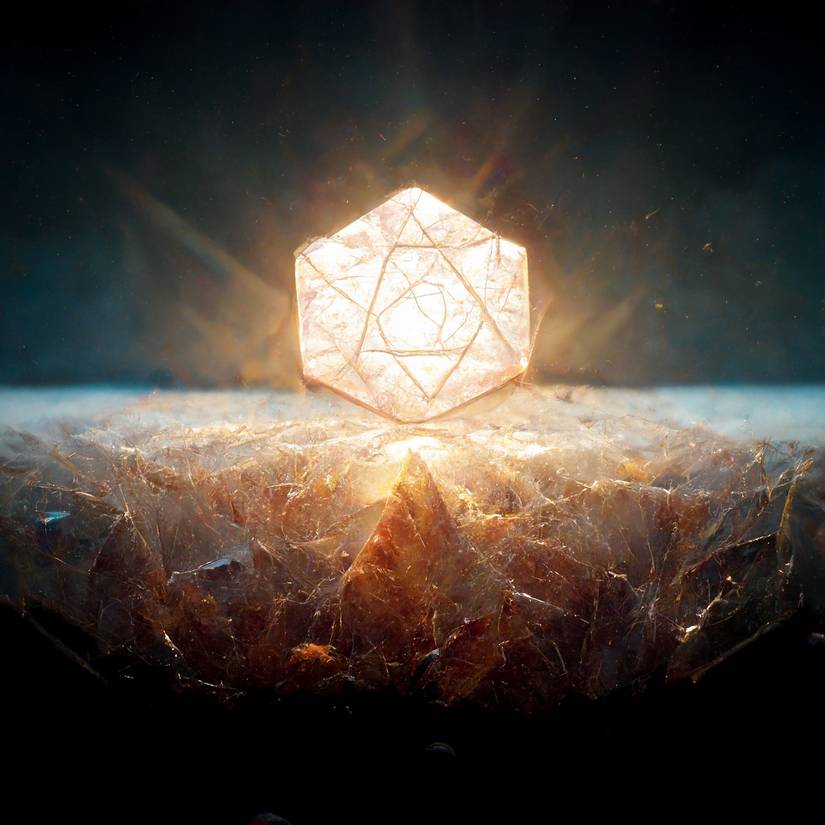 A glowing die floats above what looks like a stone cave