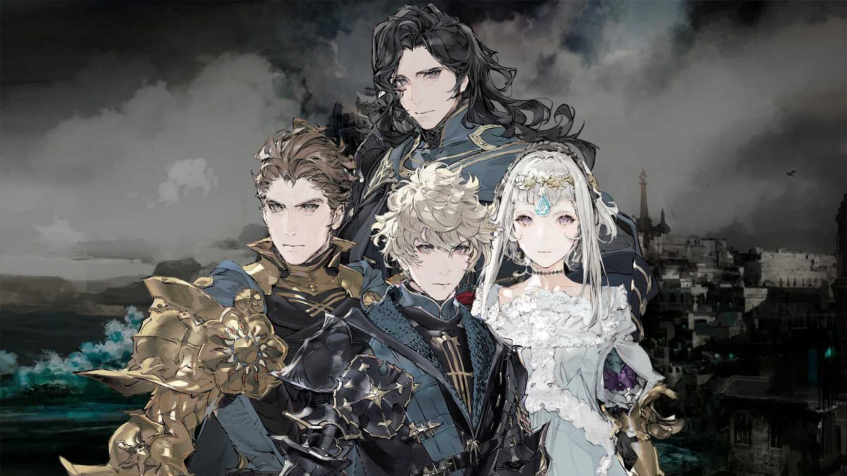 The DioField Chronicle’s main cast of characters, Andrias, Fredret, Iscarion, and Waltaquin, in the game’s stylized cover art