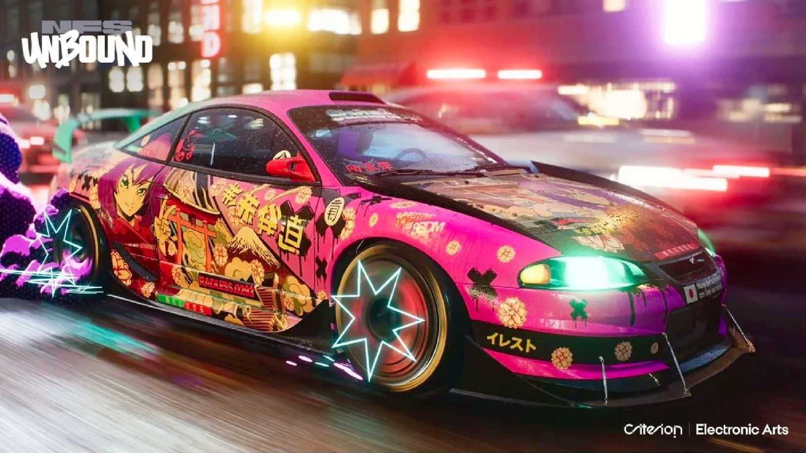 A promotional screenshot for Need For Speed Unbound shows a street racer against a blurred background, with hand-drawn star shapes over its spinning wheels