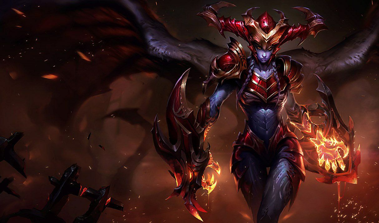 Shyvana, the Half-Dragon, a blue-scaled woman in red-and-gold armor strides forward confidently. She glares at the camera with draconic eyes under a large and intimidating piece of head armor.