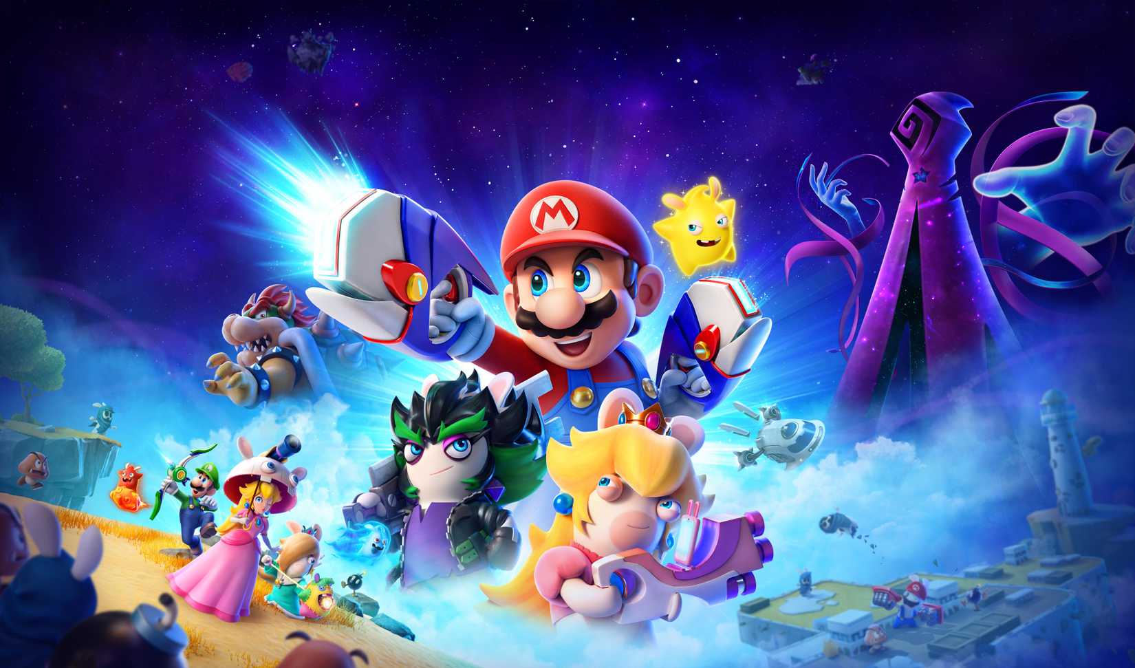 Mario, Peach, Luigi, Bowser, and Rabbids stand in a group in key art for Mario + Rabbids Sparks of Hope.