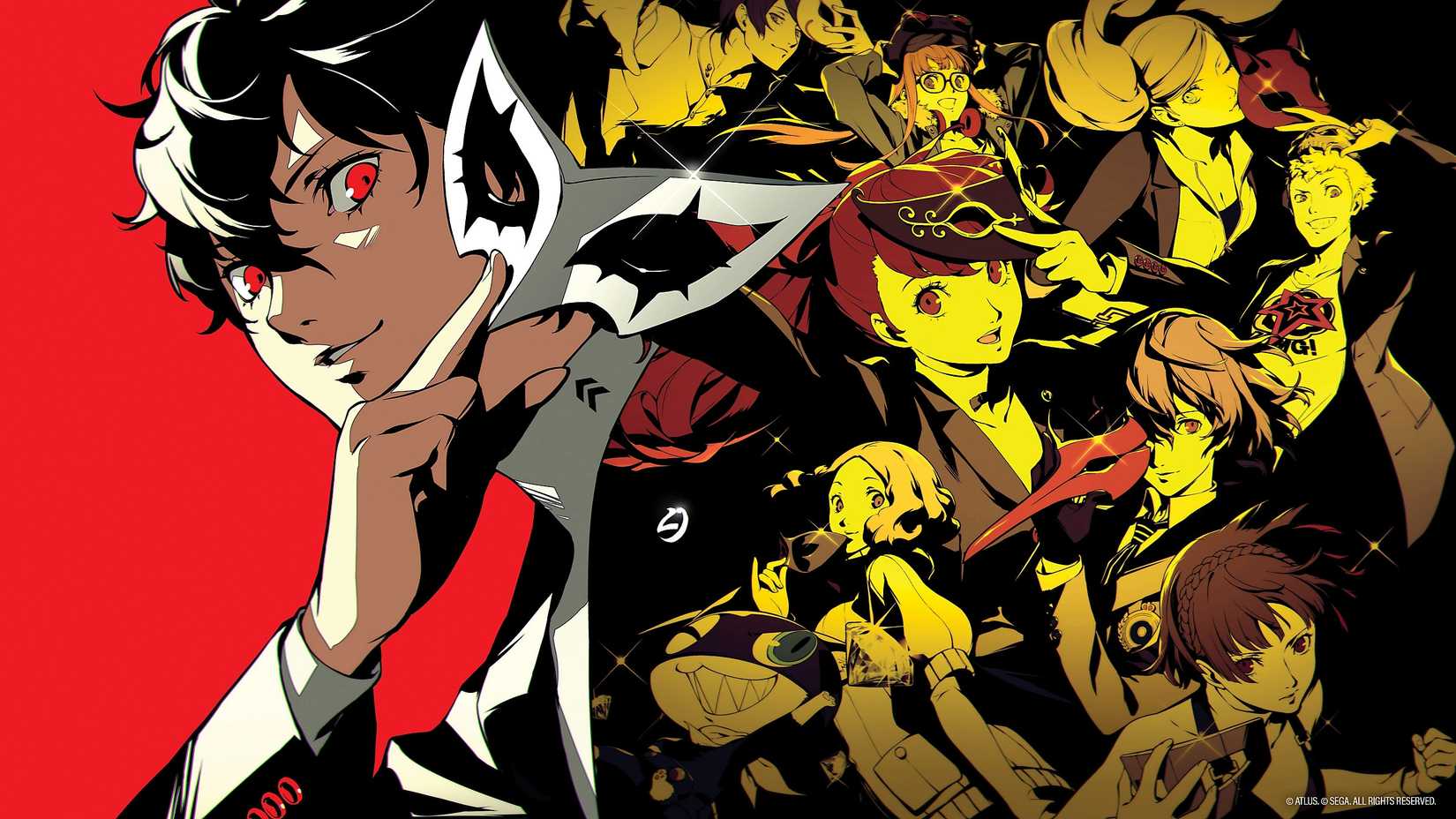 Joker from Persona 5 Royal poses with his mask in hand, and his Phantom Thieves friends pose in his shadow with a golden tint