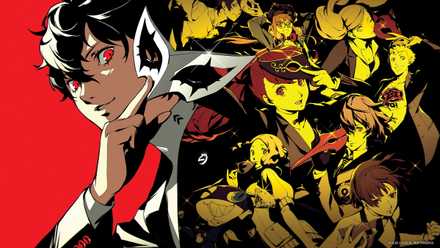 Joker from Persona 5 Royal poses with his mask in hand, and his Phantom Thieves friends pose in his shadow with a golden tint
