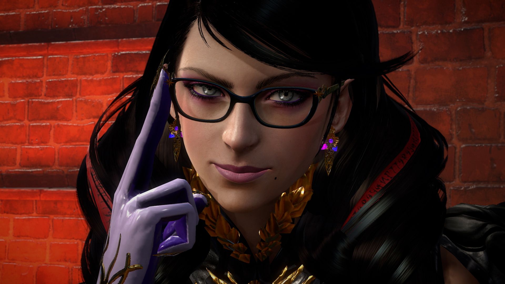 Bayonetta touching a gloved hand to the right side of her glasses in Bayonetta 3