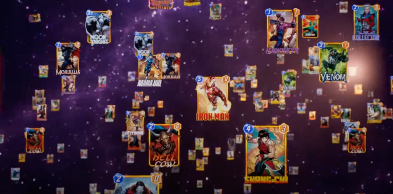 Cards featuring Iron Man, She Hulk, Daredevil, and more superheroes flutter around in a screenshot from the Marvel Snap trailer.