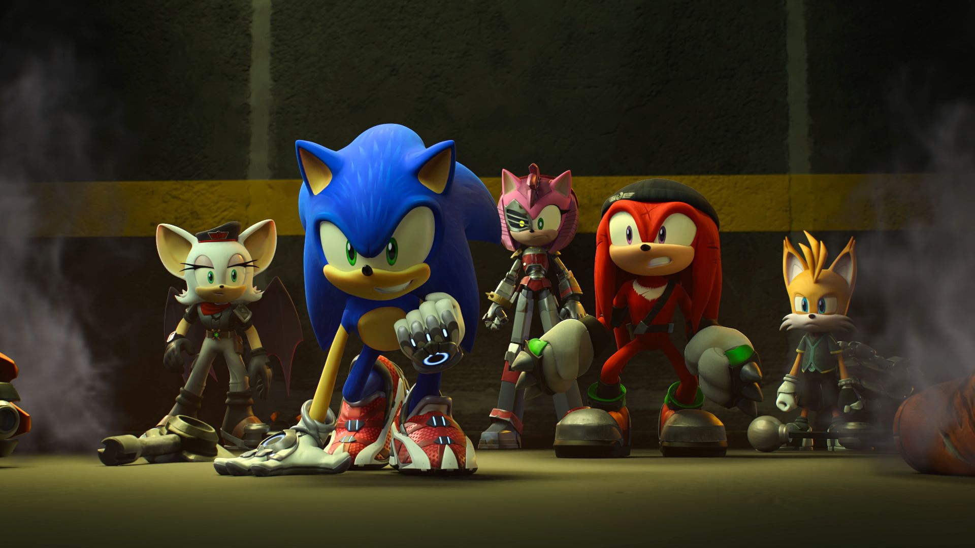 Sonic the Hedgehog poses ready to fight, with alternate dimension and cybernetic versions of Rouge the Bat, Amy Rose, Knuckles the Echidna, and Miles “Tails” Prower backing him up in a still from Sonic Prime.