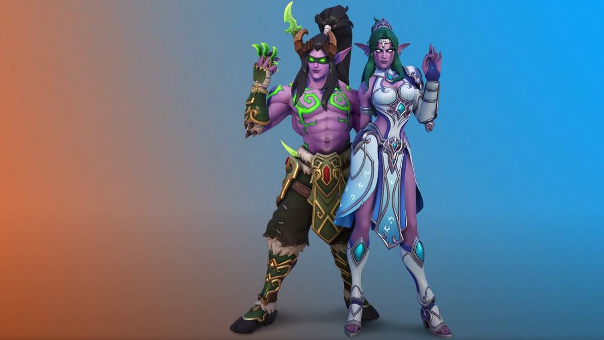 Overwatch’s Symmetra and Genj stand against a plain background, but they’re almost unrecognisable dressed as World of Warcraft characters Tyrande and Illidan