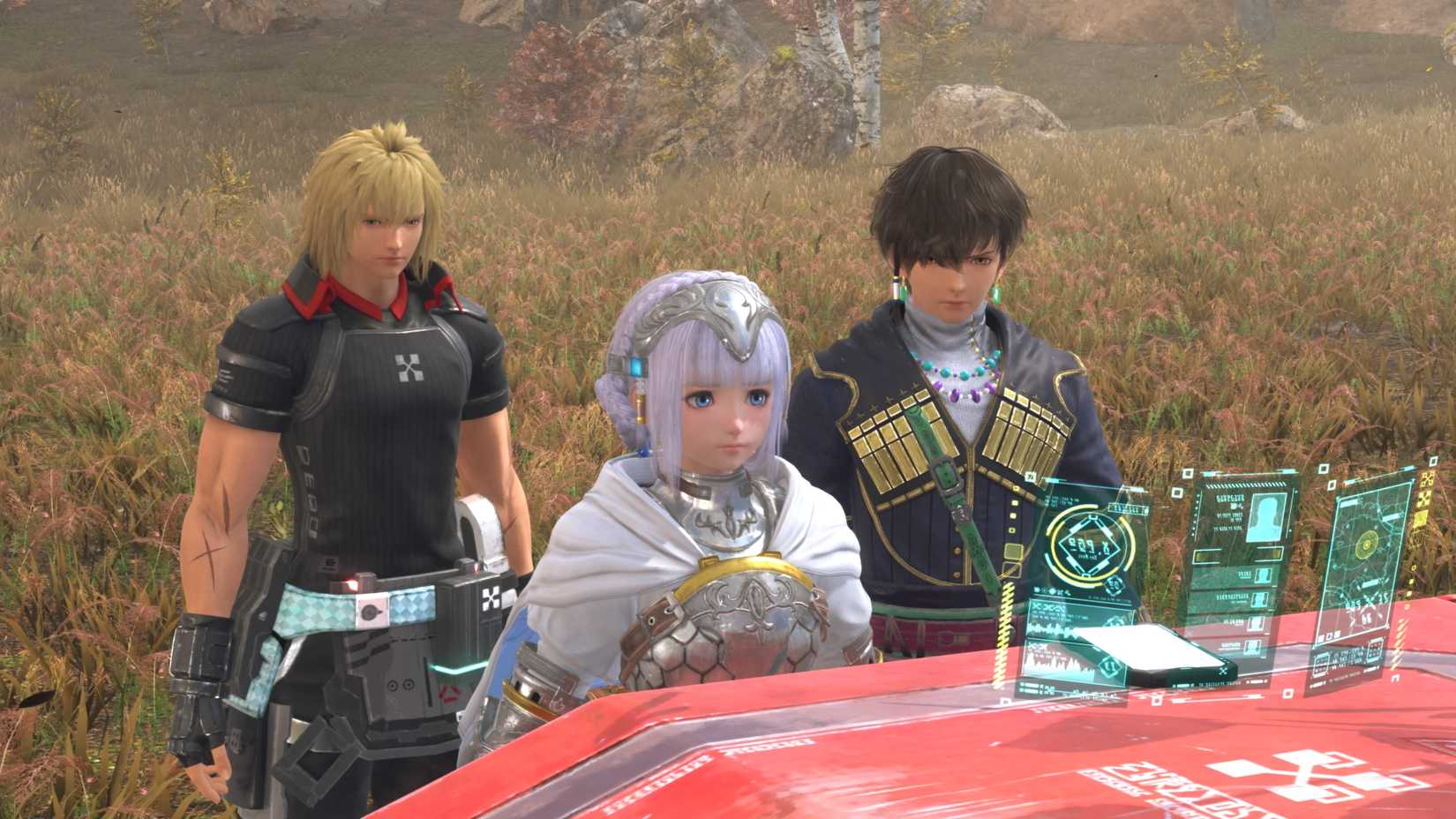 Laeticia, Ray, and Albaird examine a hologram in the sci-fi JRPG Star Ocean: The Divine Force