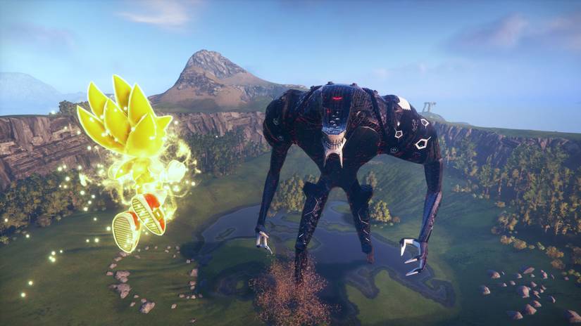 Super Sonic floats in the air, sparkling, facing a giant black metallic Titan creature standing in a lake in a screenshot from Sonic Frontiers