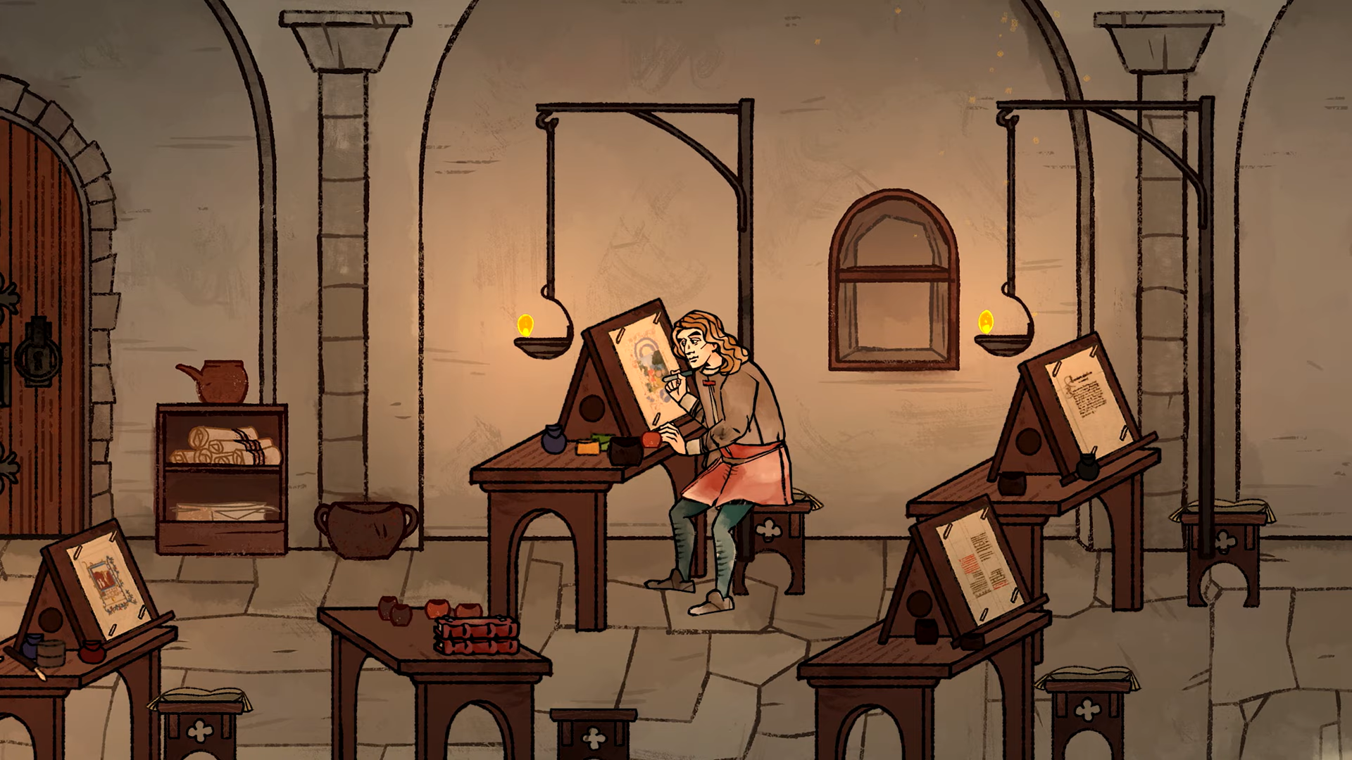 Andreas Maler sits at a table with a quill, right in the middle of the screen. The room is dimly lit.
