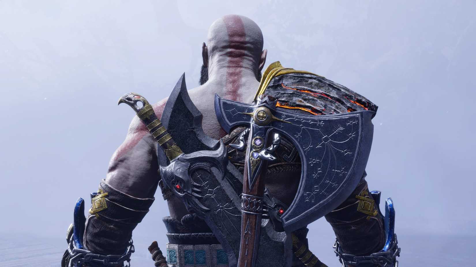 Kratos stands with his back to the camera in a cloud of mist in God of War Ragnarok, a big PlayStation game with many guides, tips, tricks, and secrets.