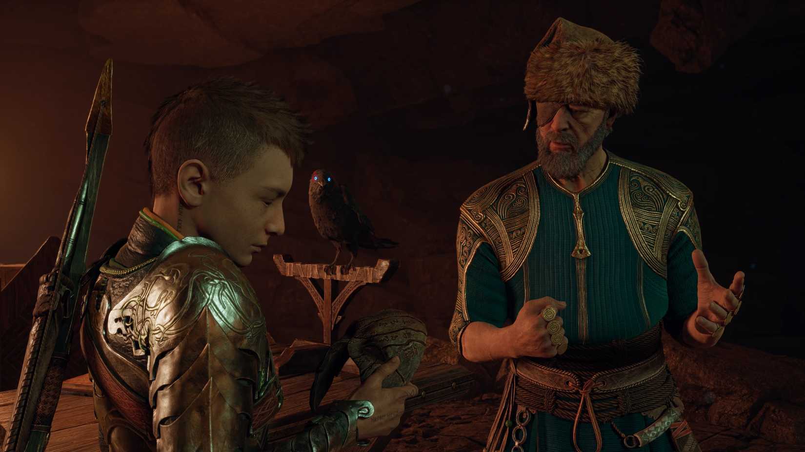 Atreus inspects a broken half of a wooden mask as Odin looks on in God of War Ragnarök