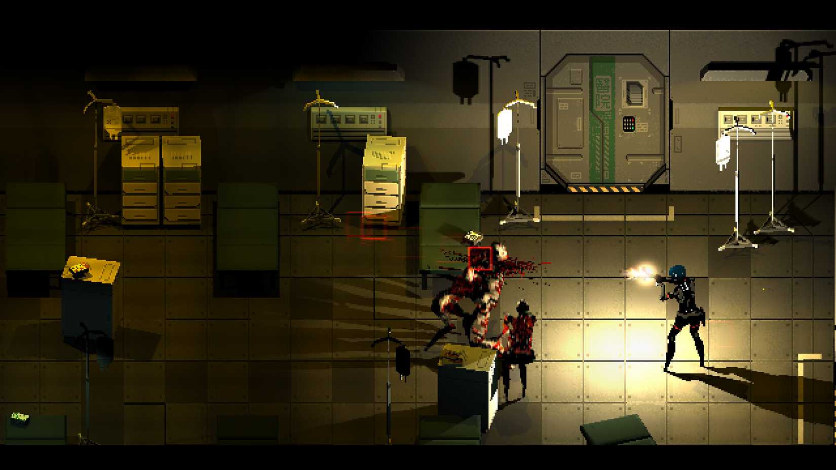 Elster fires her pistol at several encroaching zombies in Signalis’ med bay