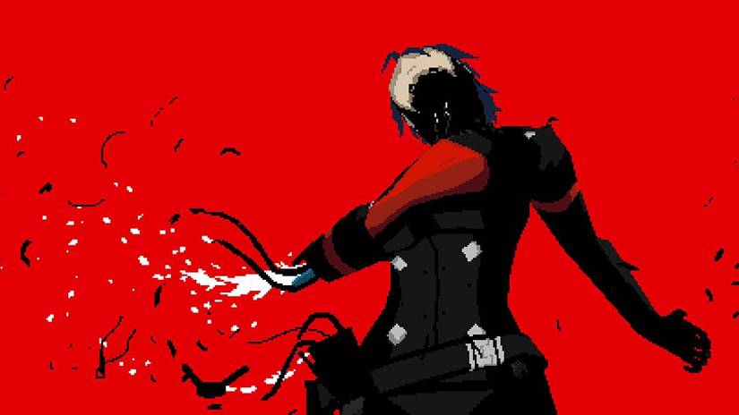 Elster, the android protagonist of Signalis, reels from a would that removes half of her arm, against a backdrop of crimson red