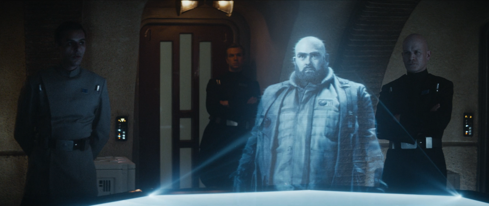 A blue hologram of Anto Kreegyr from Star Wars: Andor