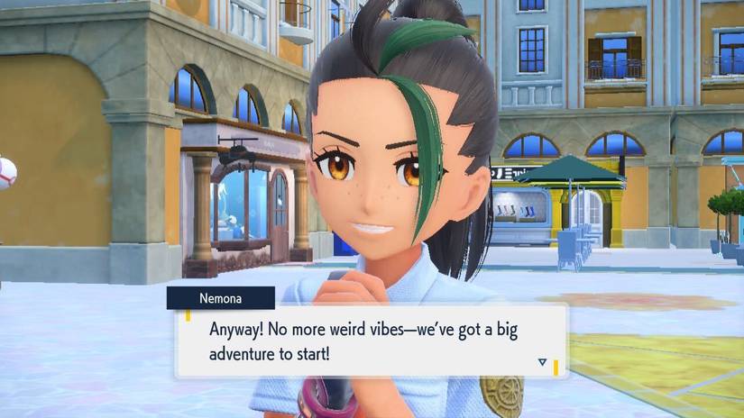 Nemona, the companion/rival in Pokémon Scarlet and Violet, urges the trainer toward their next objective