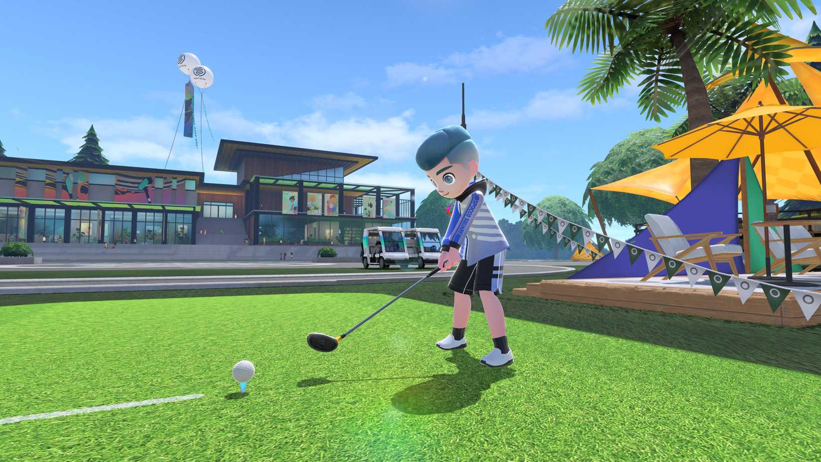 A Nintendo Switch Sports character tees up in a game of golf under a sunny blue sky