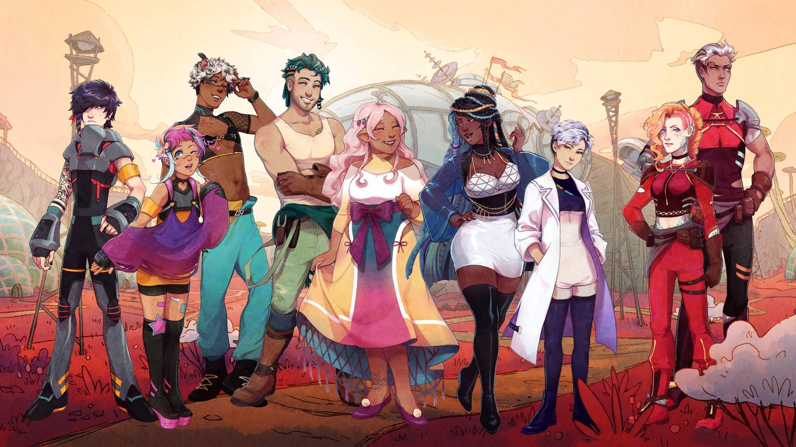 The cast of I Was a Teenage Exocolonist stands shoulder to shoulder and looks at the camera