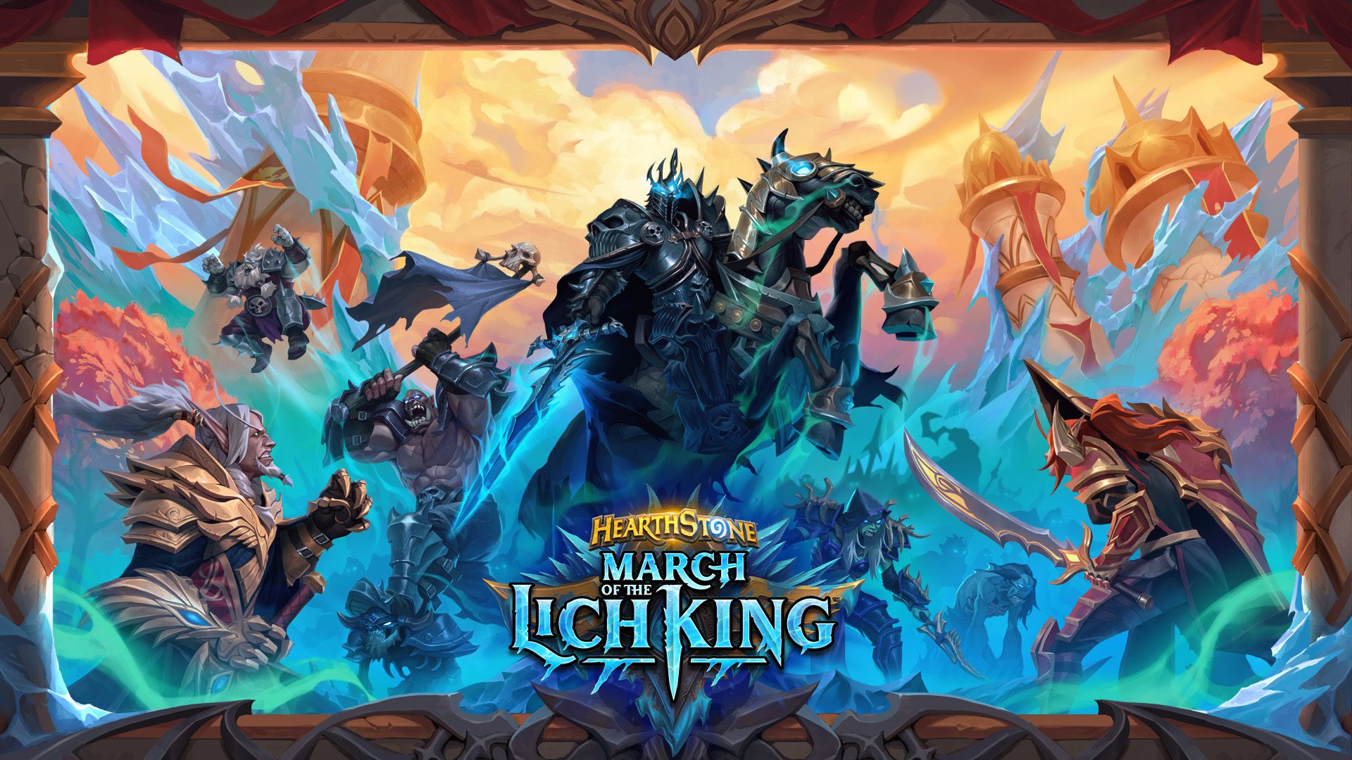 World of Warcraft: March of the Lich King key art, showing the Lich King Arthas, clad in heavy saronite armor, attacking the elven city of Silvermoon on horseback.
