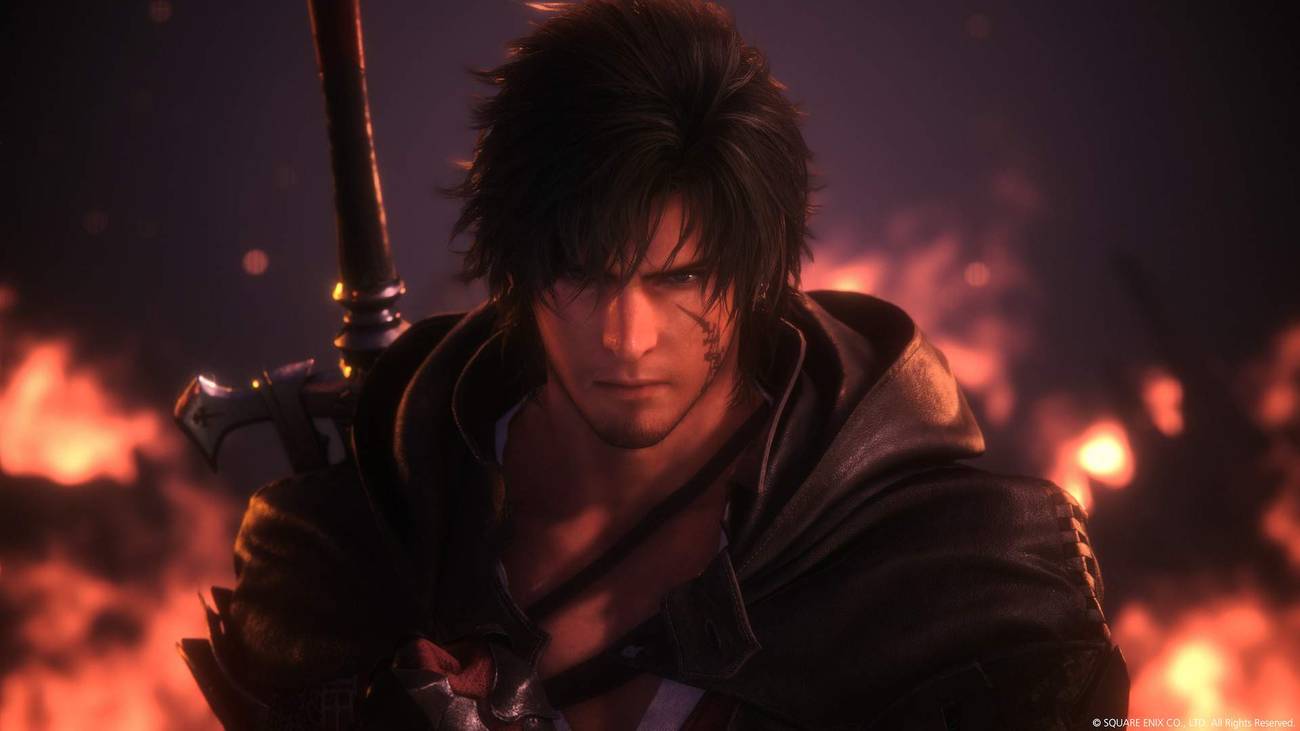 An image of of Clive Rosefield, a young warrior in Final Fantasy 16. He looks ominous as fires roar behind him and give the image a redish color.