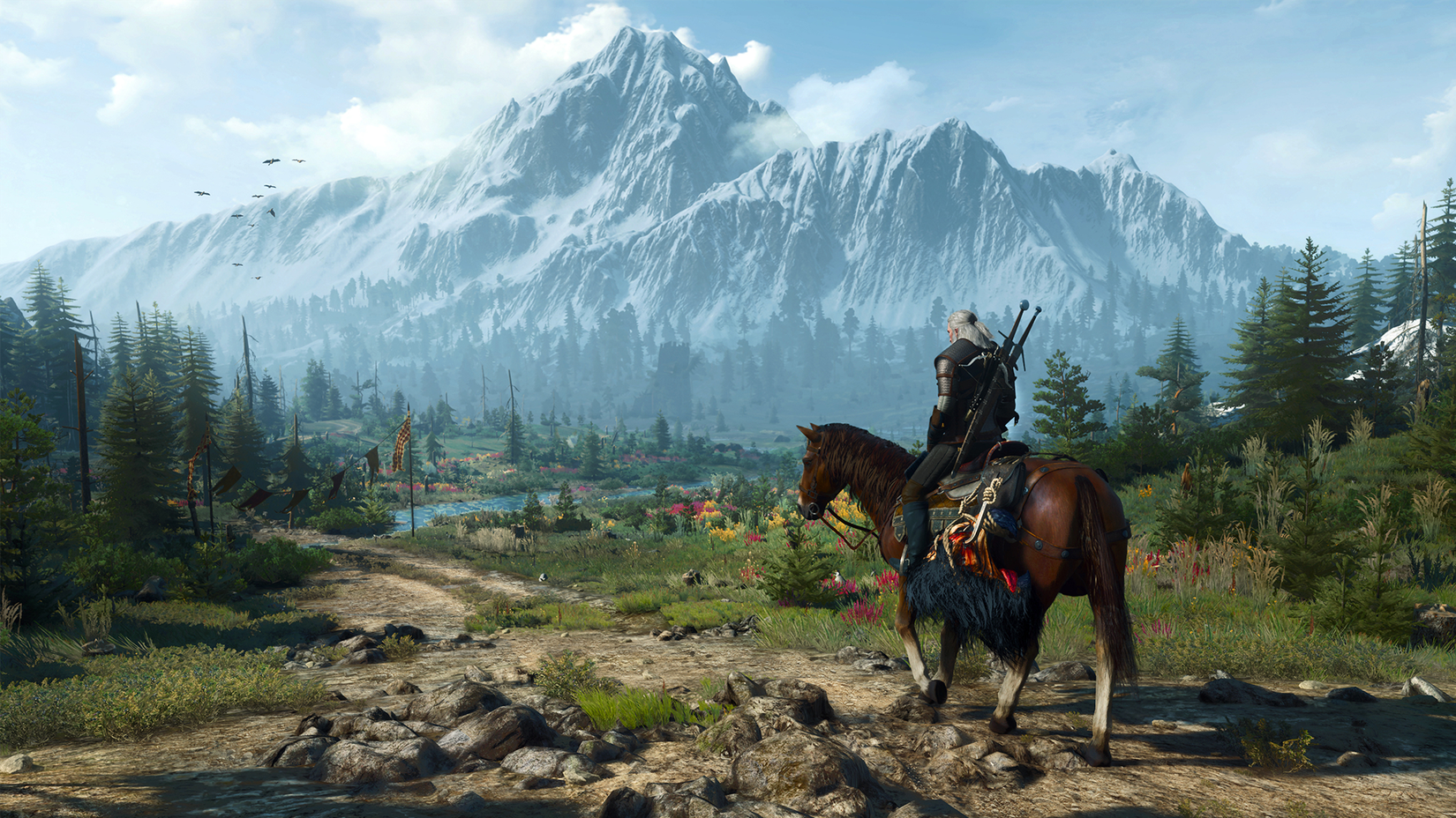 Geralt of Rivia, on his horse Roach, surveys the wilderness of The Continent in the next-gen upgrade The Witcher 3: Wild Hunt