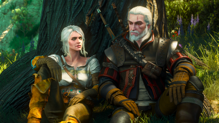 The Witchers Ciri and Geralt of Rivia lean against a tree trunk in the next-gen upgrade The Witcher 3: Wild Hunt on Xbox Series