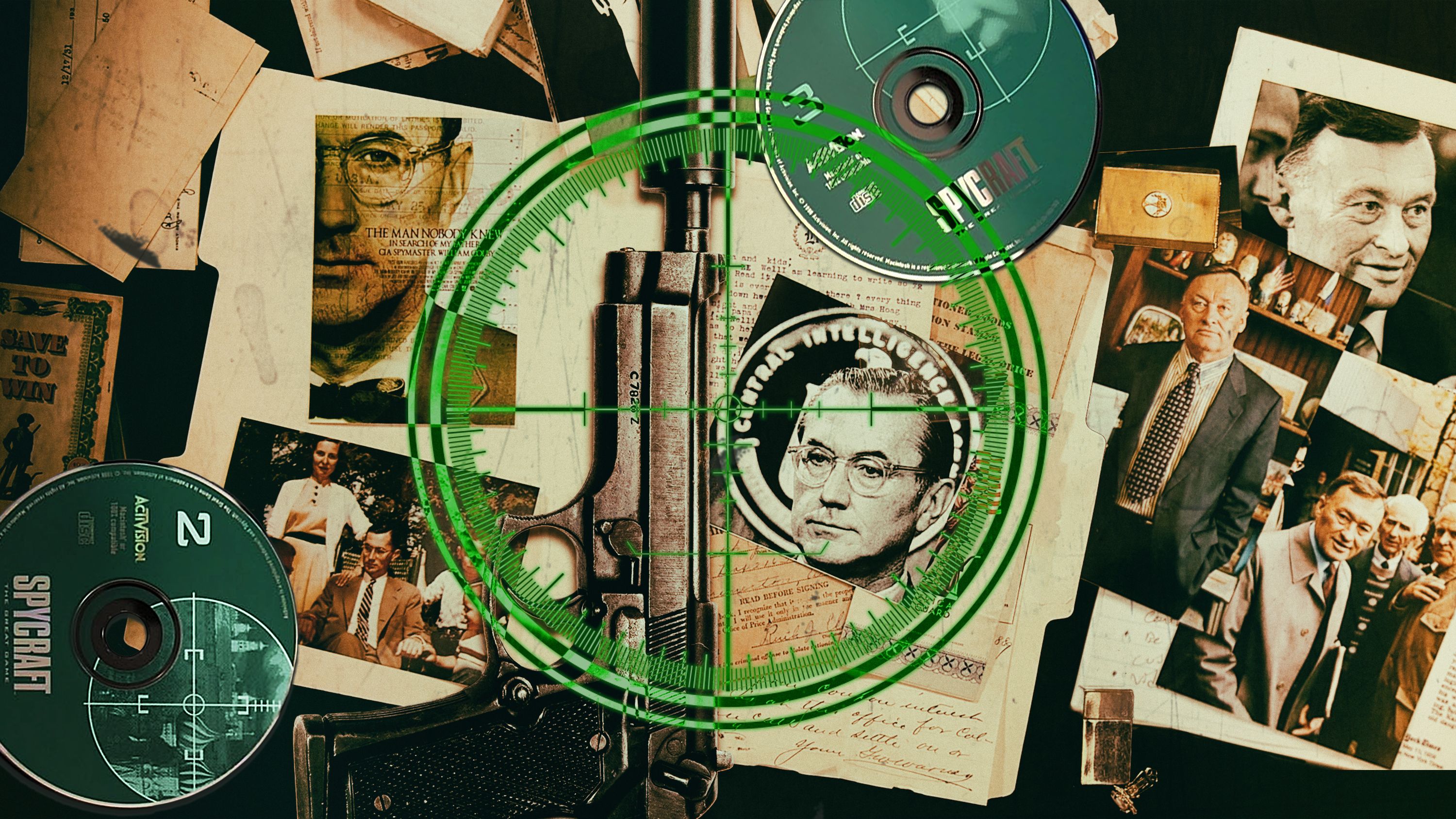 A lot of papers and ephemera on a black background. A green target is overlaid on the objects.