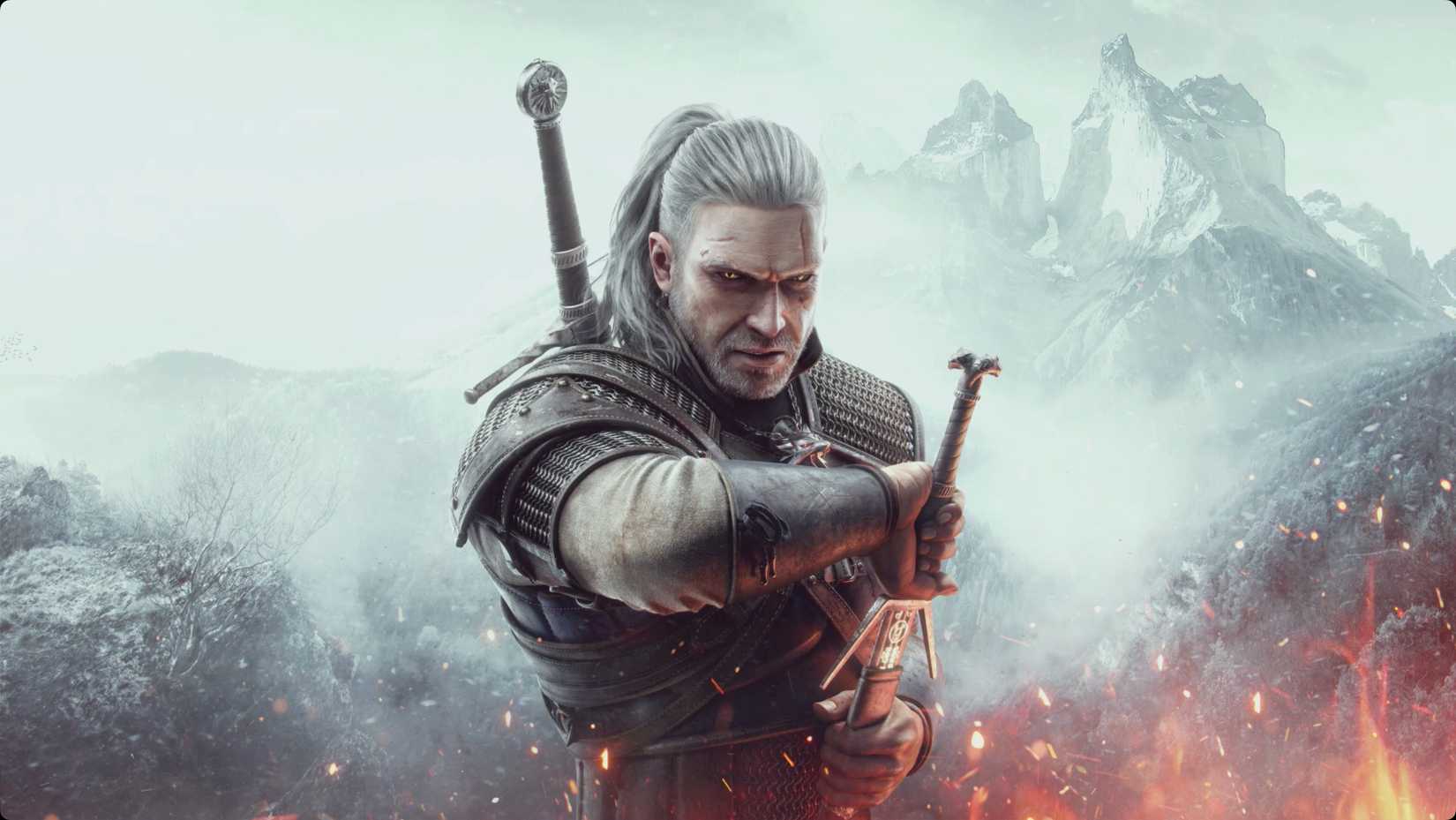  The Wild Hunt title card with Geralt drawing his sword