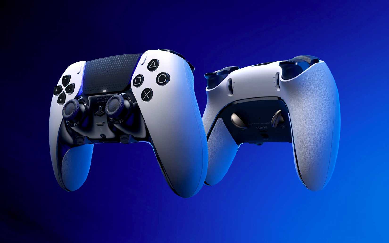 A pair of Sony’s DualSense Edge controllers, front and back, showing the new inputs and changes from the standard DualSense controller.