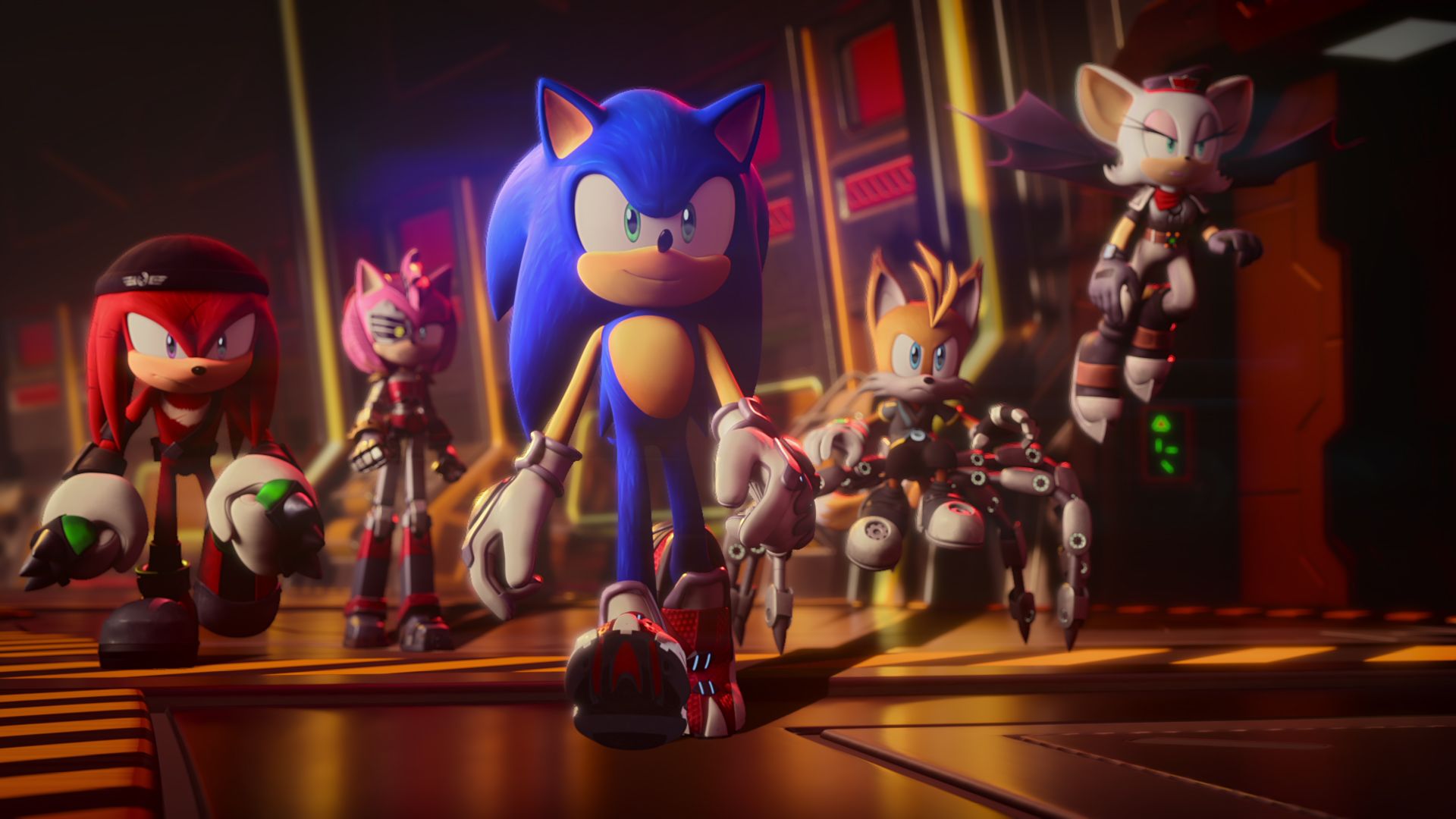 Knuckles, Rusty Rose, Sonic, Tails Nine and Rebel Rouge walk a fancy hall in Sonic Prime