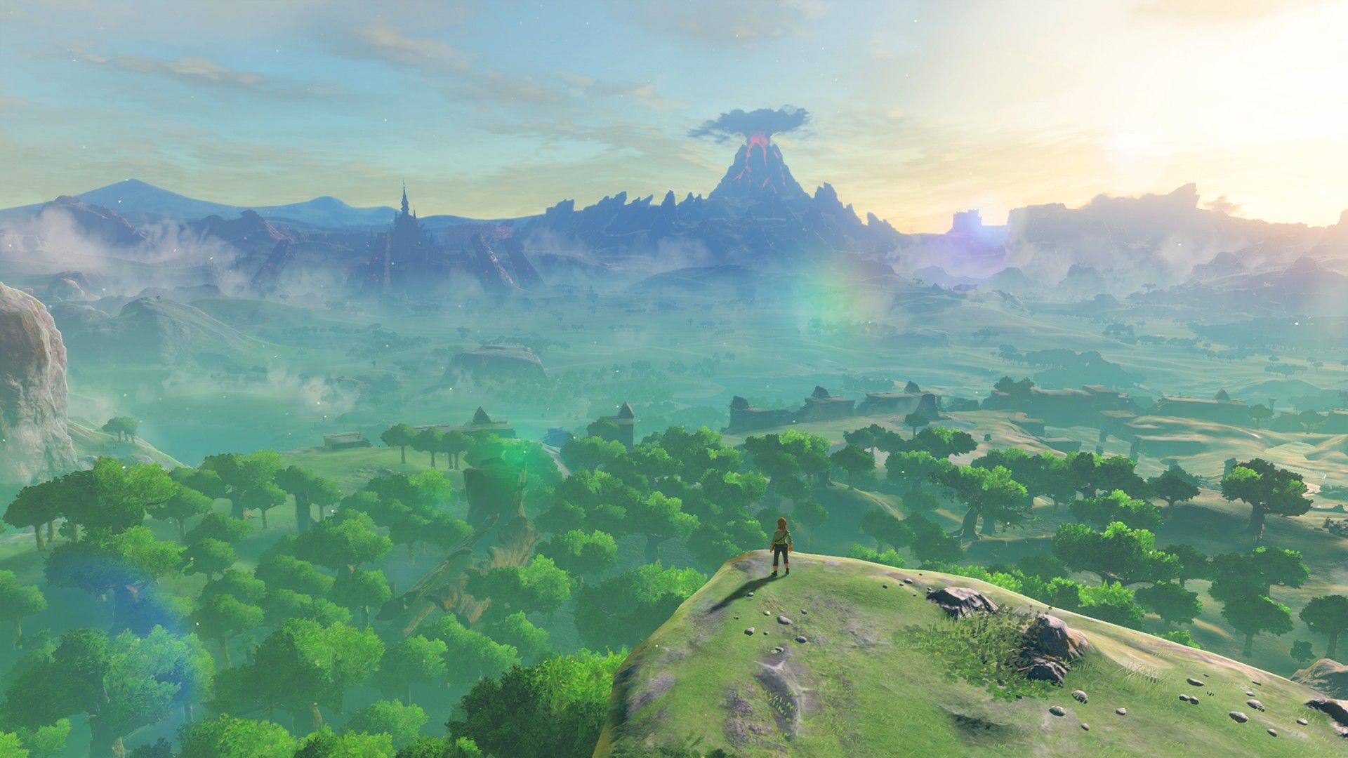 Link looks out on the wilderness of Hyrule from a cliffside in The Legend of Zelda: Breath of the Wild