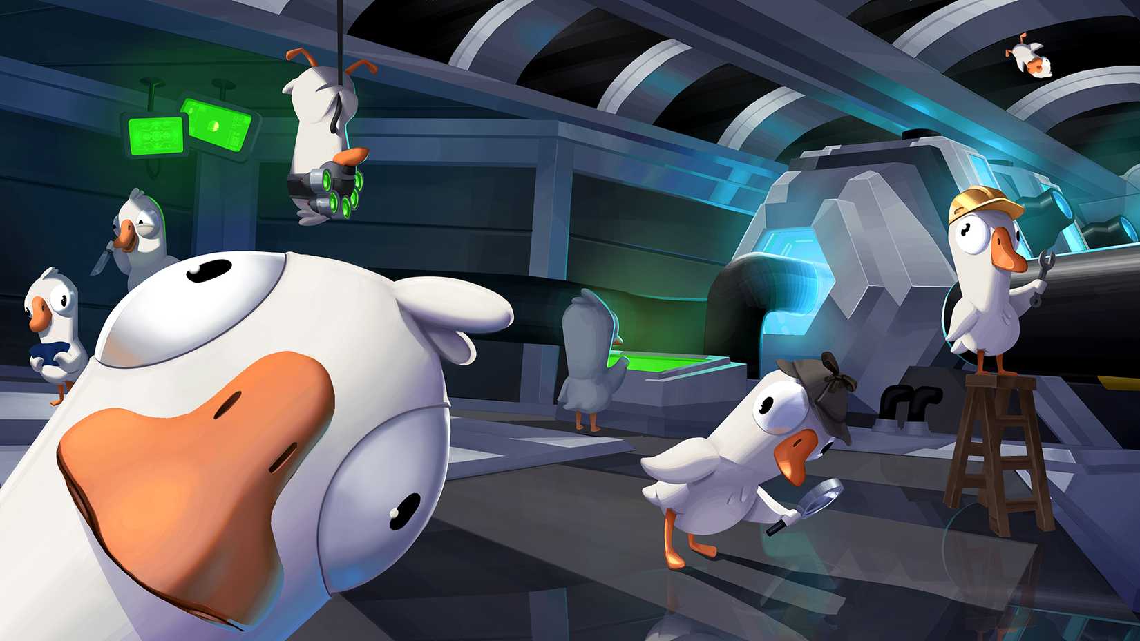 A group of cartoonish geese explore the interior of a futuristic space vessel in artwork from the game Goose Goose Duck