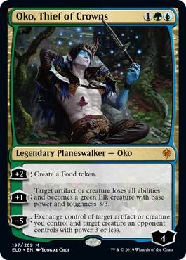 Oko, Thief of Crowns is a legendary planeswalker. He’s shown here toying with a large dagger.